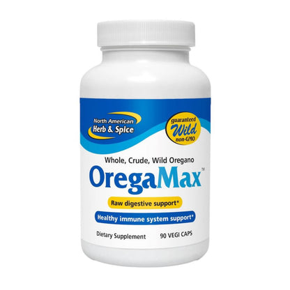 Supplement bottle labeled 'OregaMax' with North American Herb & Spice branding on a white background