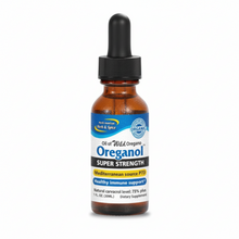 Bottle of Oreganol Super Strength Oil of Wild Oreganol Super Strength 1oz with a dropper on a white background