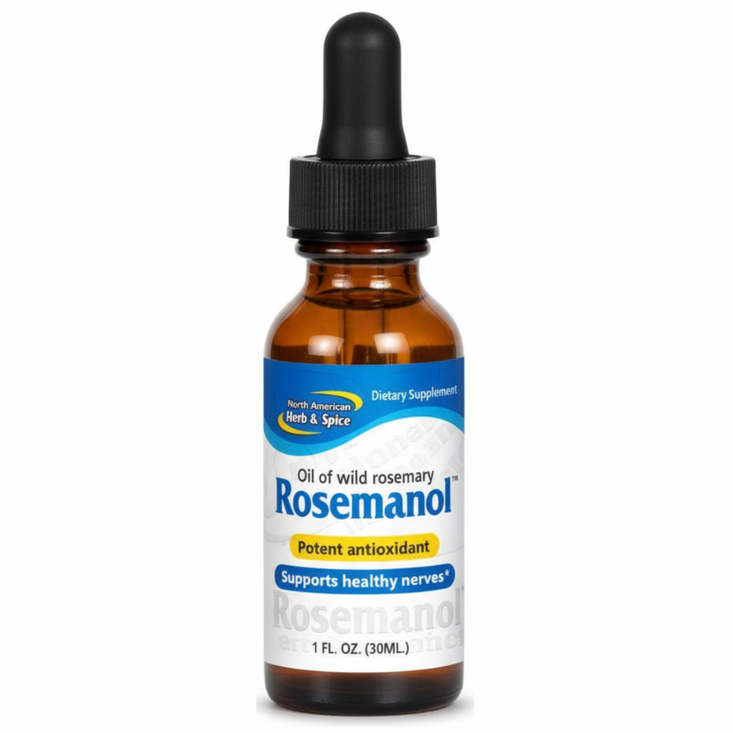 Bottle of Rosemanol Oil of wild rosemary dietary supplement on a white background