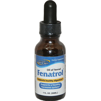 Bottle of Fenatrol Oil of Fennel dietary supplement with dropper on a white background