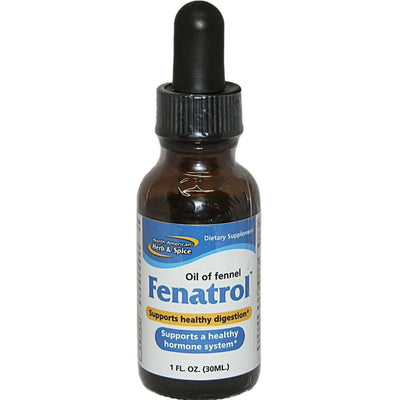 Bottle of Fenatrol Oil of Fennel dietary supplement with dropper on a white background