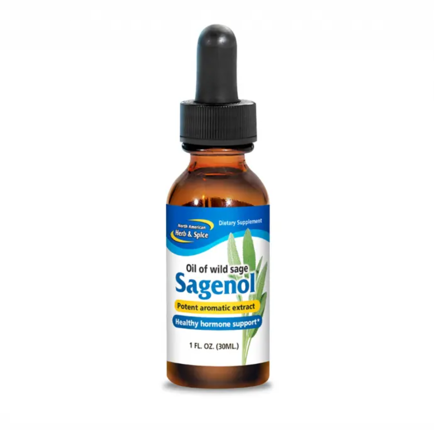 Bottle of Sagenol oil of wild sage dietary supplement with dropper on a white background