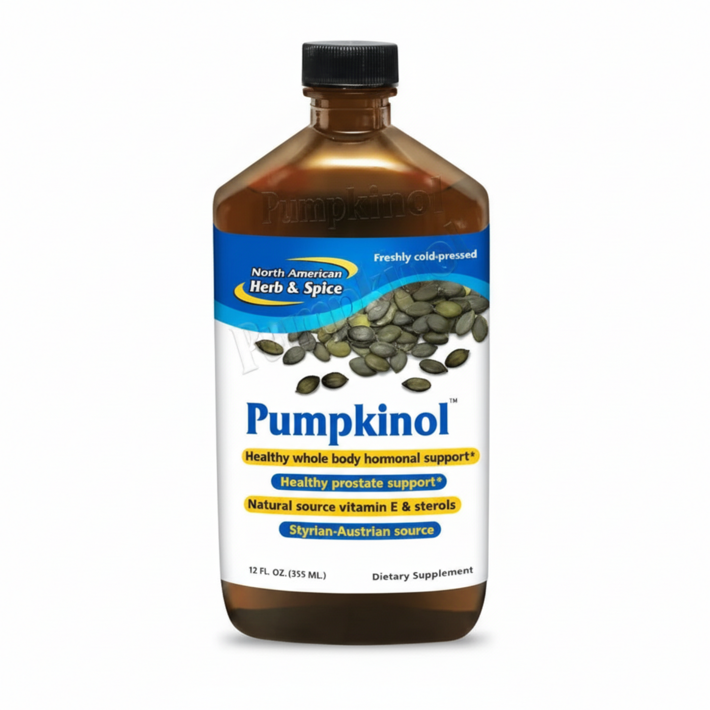 Bottle of Pumpkinol supplement with label on a white background