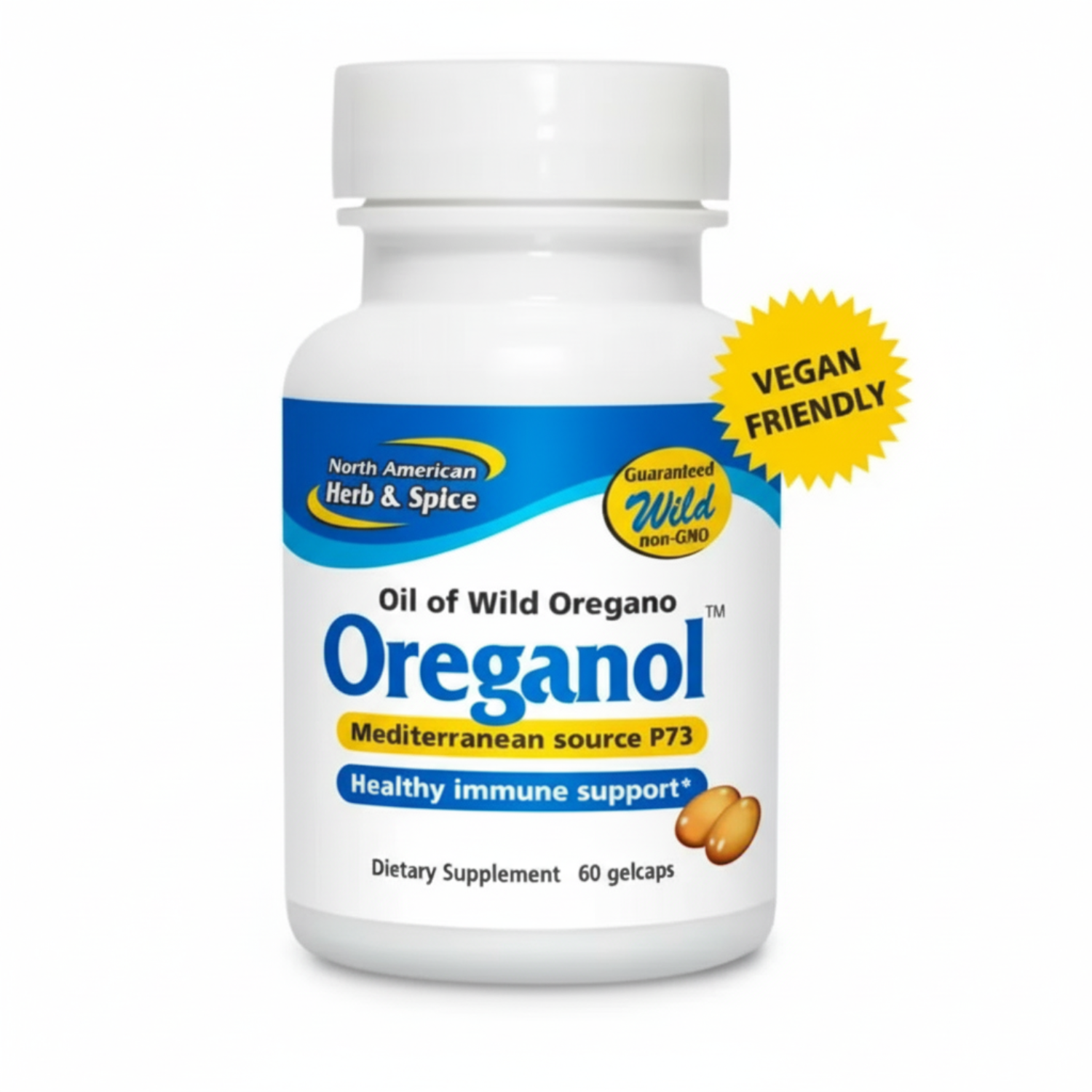 Supplement bottle labeled 'Oreganol' with branding and product details on a white background
