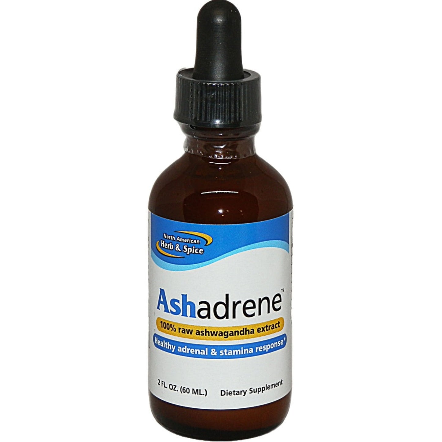 dark brown dropper bottle with black rubber dropper lid, blue and white label, North American Herb & Spice with yellow swirls around, Ashadrene 100% raw ashwagandha extract, Healthy adrenal & stamina response, 2oz, dietary supplement