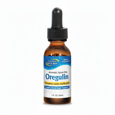 Bottle of Oregulin dietary supplement with a dropper on a white background