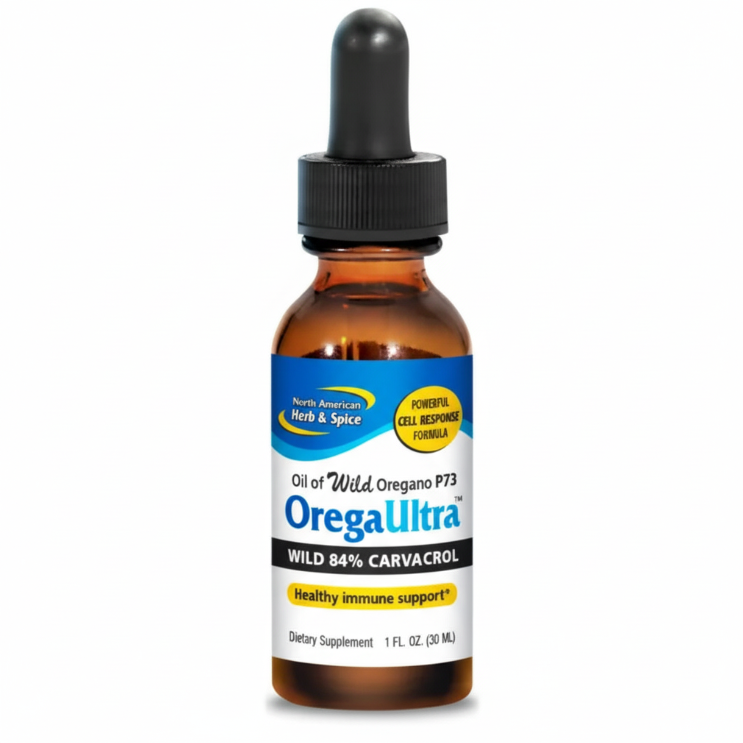 Bottle of OregaUltra Wild Oregano oil with a dropper on a white background