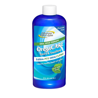 Blue bottle of OregaCare Swirl & Swallow 8oz Oral Clenz Wild Mint on a white backgroundf
