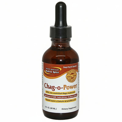 brown dropper bottle of Chag-o-Power dietary supplement on a white background