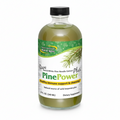 Bottle of Pine Power dietary supplement with a green label on a white background