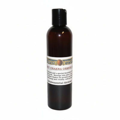 Black bottle with a label for Root Chakra ORMUS on a white background