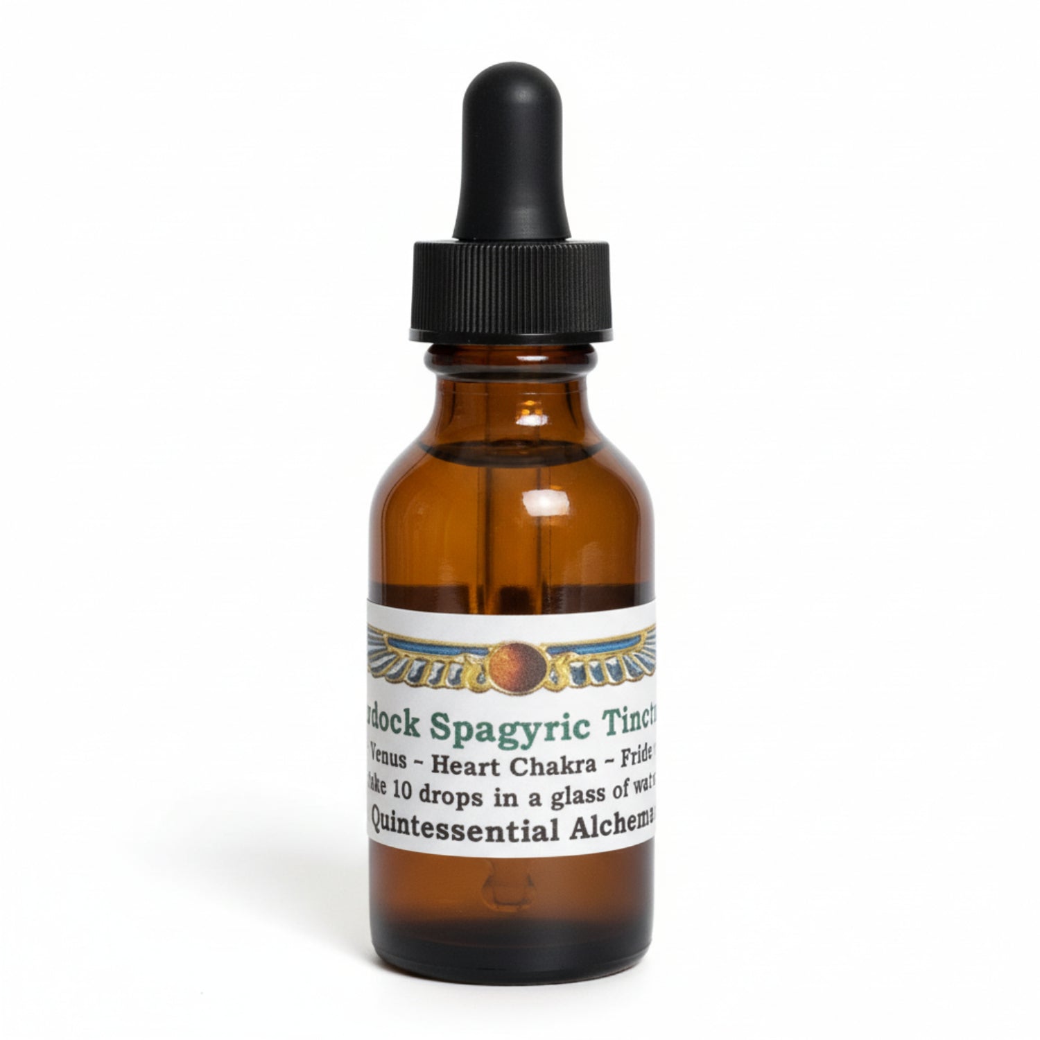 dark brown dropper bottle with black rubber top, Burdock Spagyric Tincture, Heart Chakra, Quintessential Alchemy