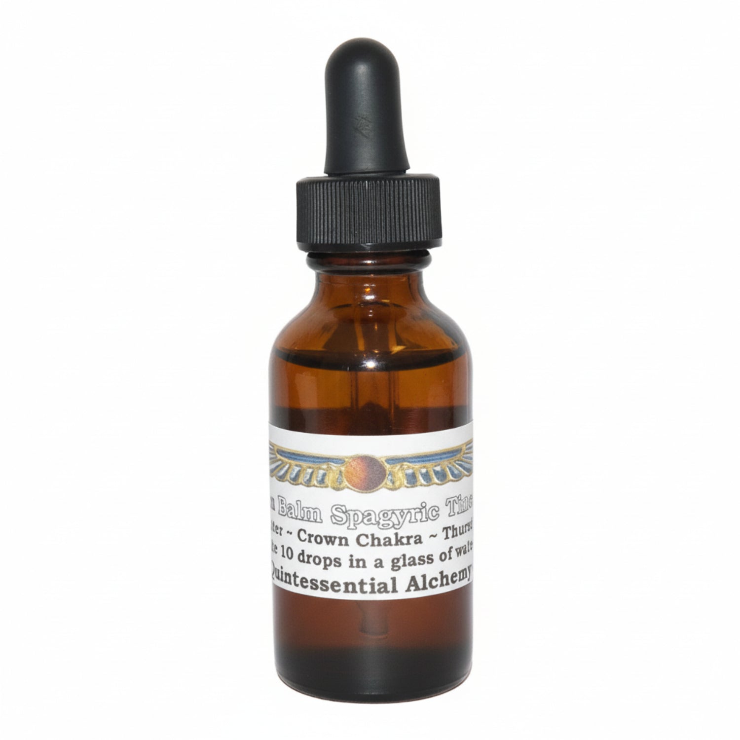 Amber glass dropper bottle with a label 'Lemon Balm Spagyric Tincture" on a white background