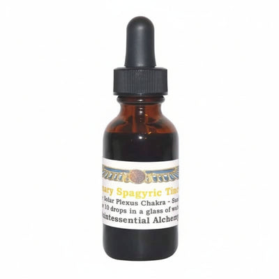 Amber glass dropper bottle with a label for Rosemary Spagyric Tincture on a white background