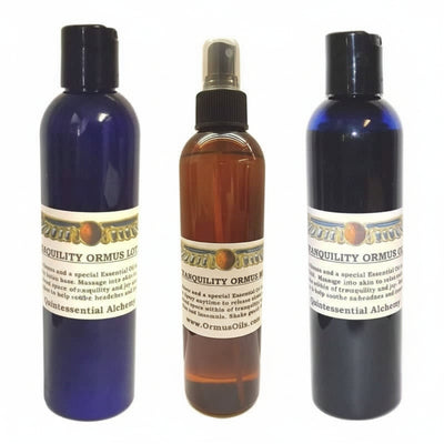 Three bottles of Tranquility Ormus Oil, Spray and Lotiong with labels on a white background