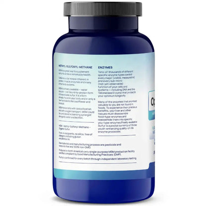 Blue supplement bottle with white label on a white background