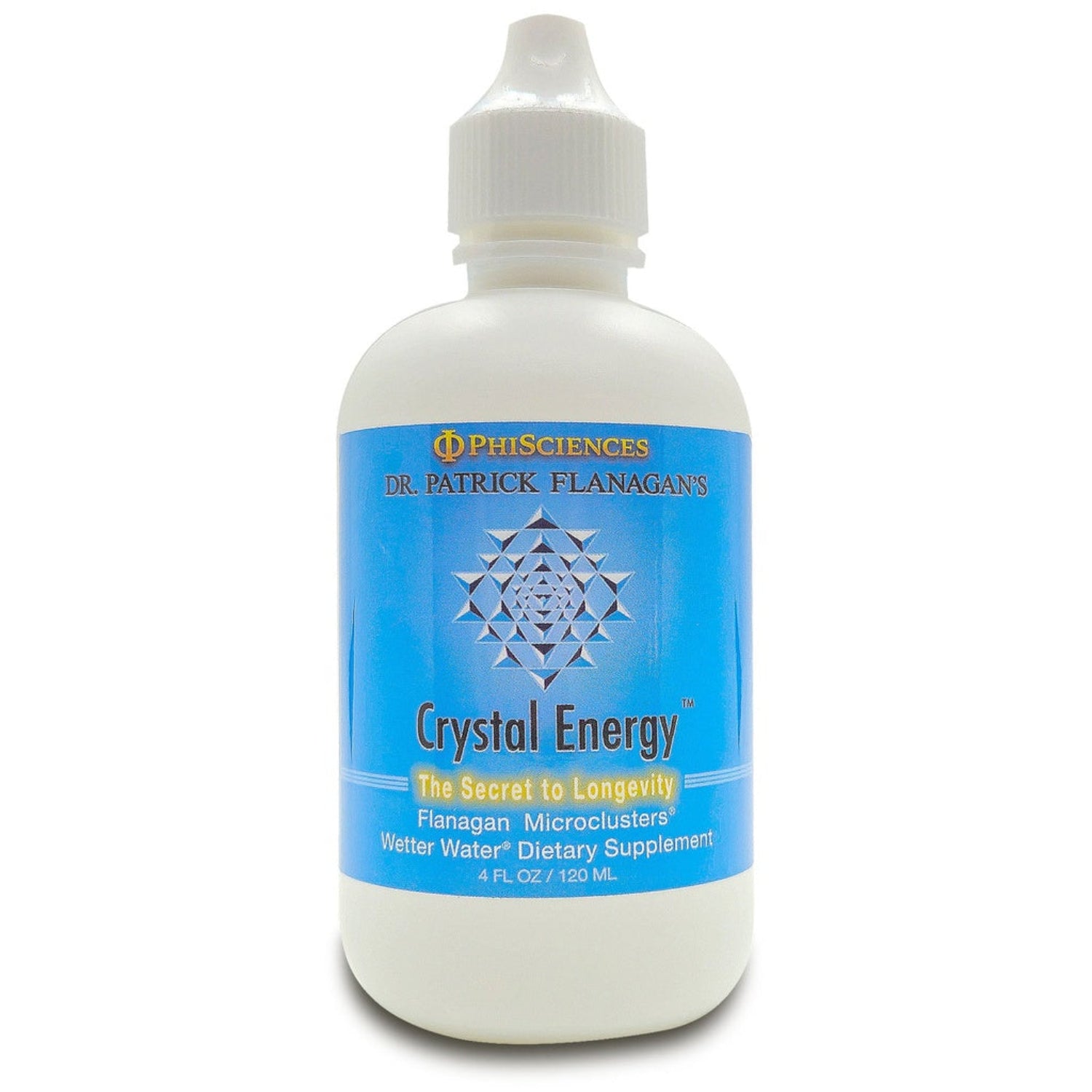 Bottle of 'Crystal Energy' supplement with a blue label on a white background