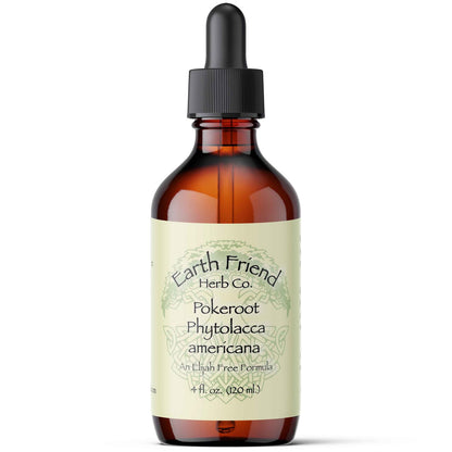 Bottle of Earth Friend Herb Co. Pokeroot Phytolacca americana tincture with dropper on a white background