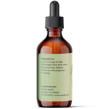 Amber glass dropper bottle with a label on a white background