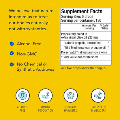 Supplement facts label with natural product claims on a yellow background