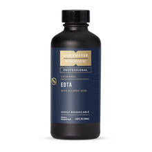 Black supplement bottle with blue label featuring 'Quicksilver Scientific EDTA with R-Lipoic Acid' on a white background