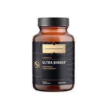 Brown supplement bottle with black label on a white background