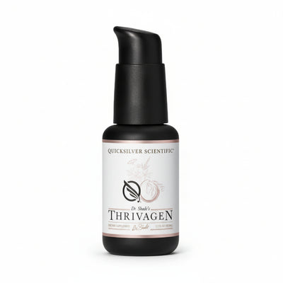 Thrivagen skincare serum bottle with black cap on a white background