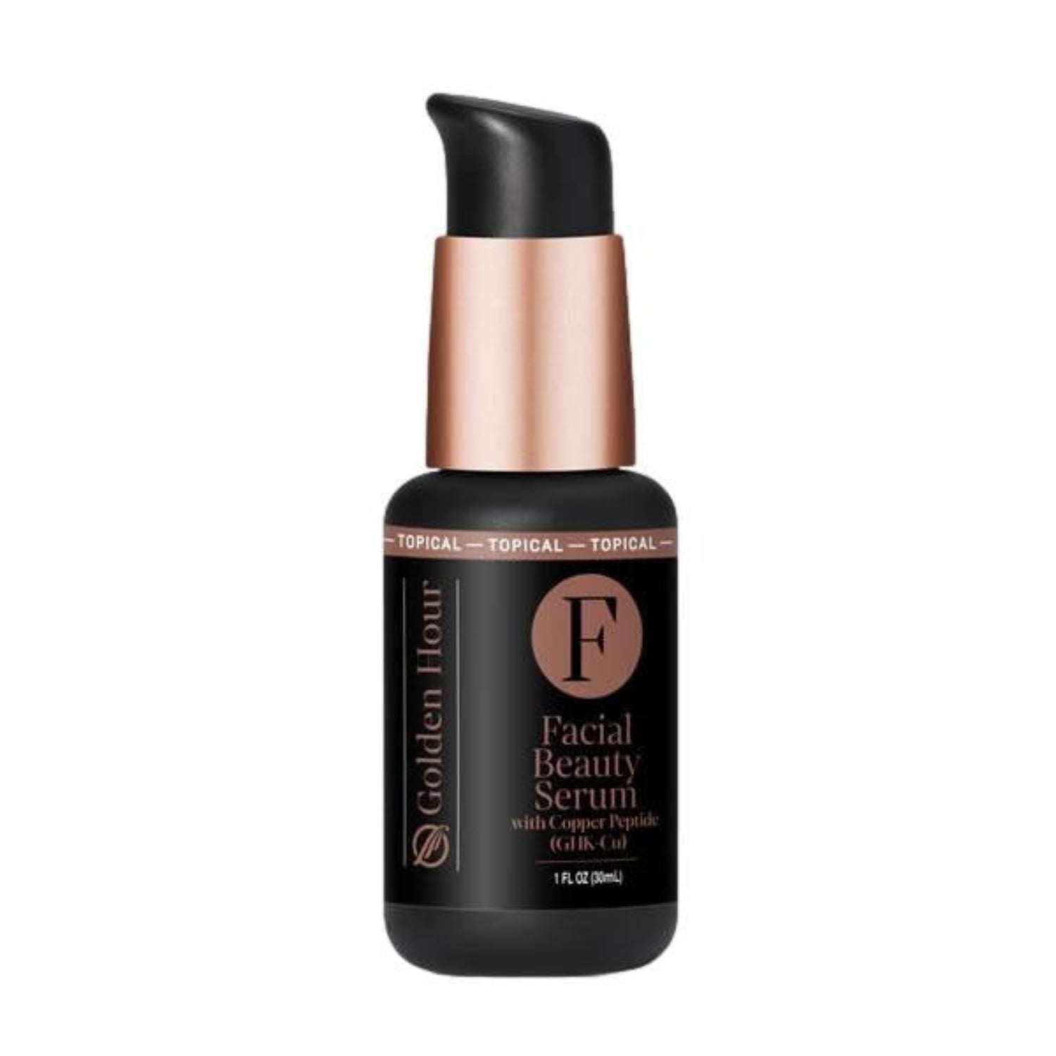 Facial beauty serum pump bottle with black and copper design on a white background