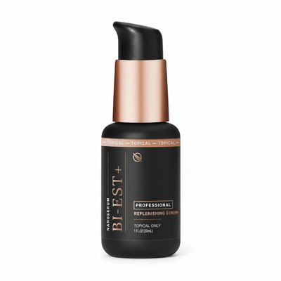 black pump jar with rose gold accents, Nanoserum Bi-Est + Professional Replenishing Serum, topical only, 1oz