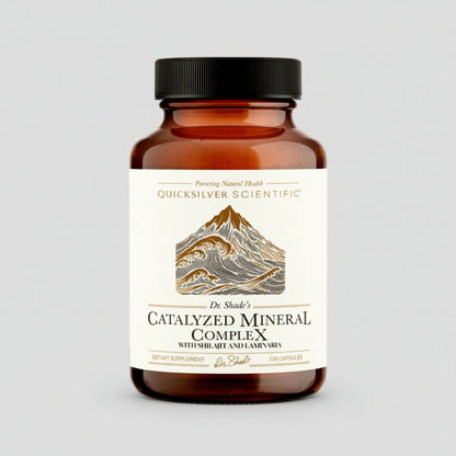 amber glass bottle with black top and with label with stylized mountain, Pioneering Natural Health, Quicksilver Scientific Dr. Shade's Catalyzed Mineral Complex with Shilajit and Laminaria, dietary supplement, 120 capsules