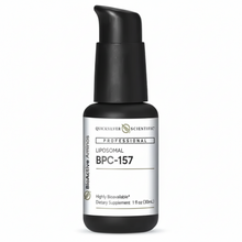 black pump bottle with white label and black text, Quicksilver Scientific with logo, Professional Liposomal BPC-157 Bioactive Aminos, highly bioavailable dietary supplement, 1oz