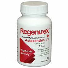 white bottle and lid with red text on label, Regenurex Astaxanthin, Nature's Mightiest Antioxidant with MCT Oil, made in Canada, 12mg, Protects Against Cell Damage, Regenerate Naturally, 60 softgels