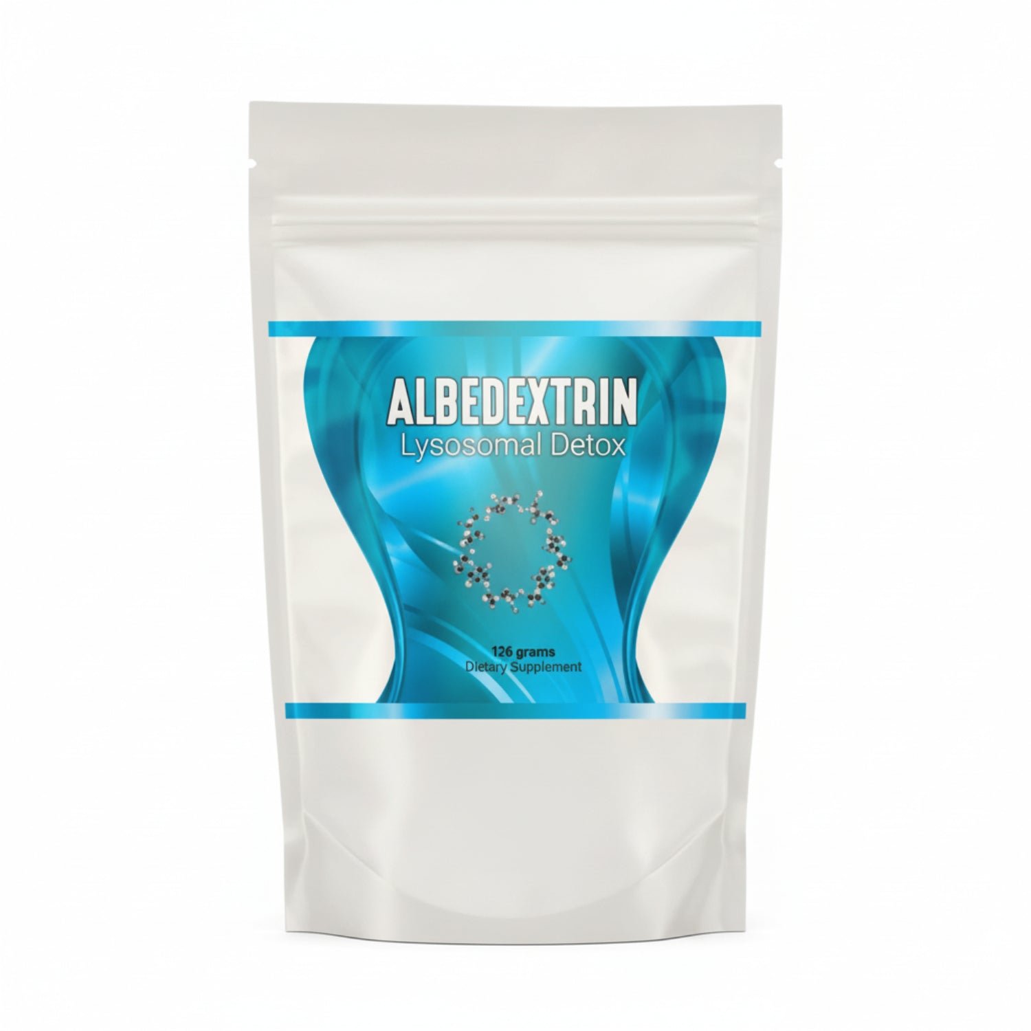 white and blue package of RemedyLink Albedextrin Lysosomal Detox 126g dietary supplement on white background