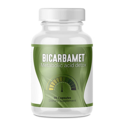white container and lid with green logo showing dial and pointer, Bicarbamet Metabolic Acid Detox, 90 capsules dietary supplement