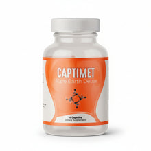 white container with orange lebel, Captimet, rare earth detox, 30 capsules dietary supplement