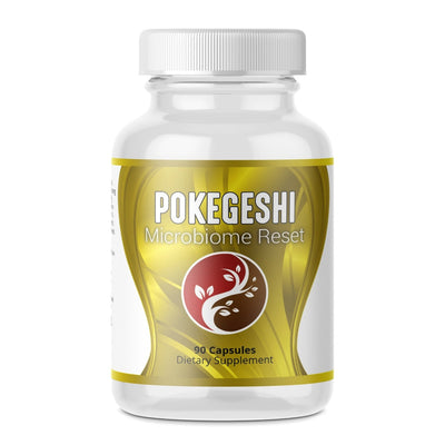 Supplement bottle labeled 'Pokegeshi Microbiome Reset' on a white background