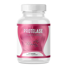 Supplement bottle labeled 'PROTELASE Protein Detox' on a white background