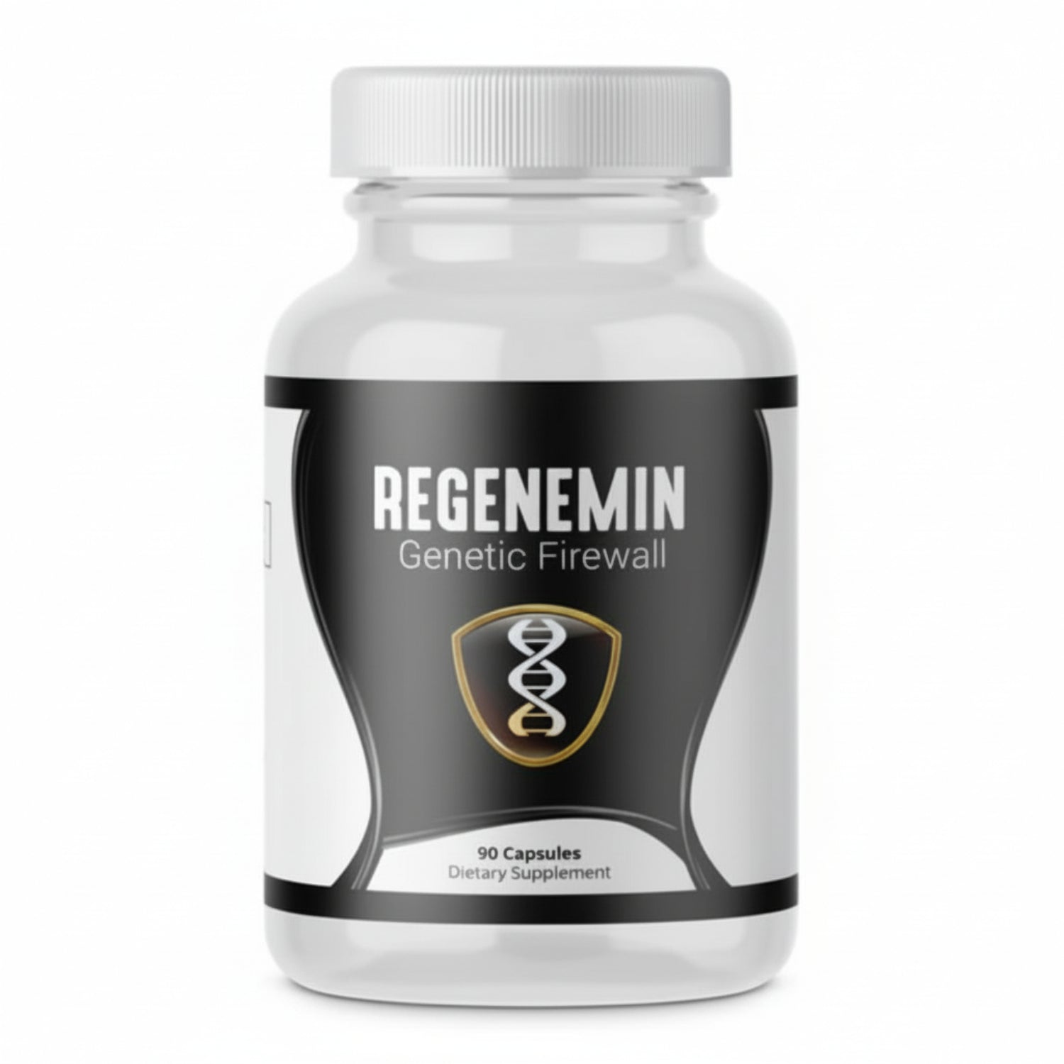 Supplement bottle labeled 'Regenemin Genetic Firewall' on a white background
