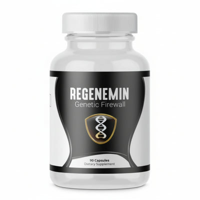 Supplement bottle labeled 'Regenemin Genetic Firewall' on a white background