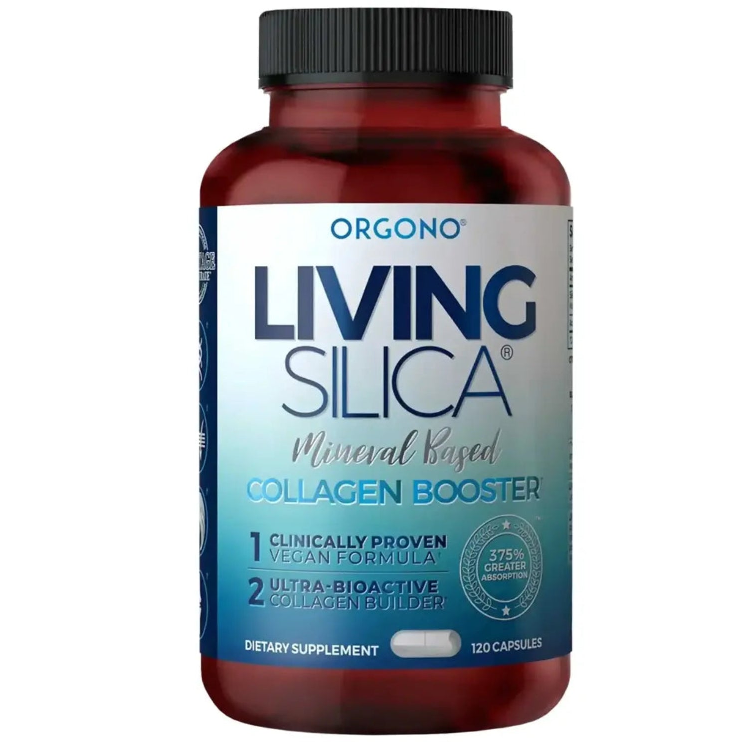 Supplement bottle labeled 'Living Silica' by Organo on a white background