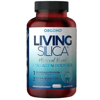 Supplement bottle labeled 'Living Silica' by Organo on a white background