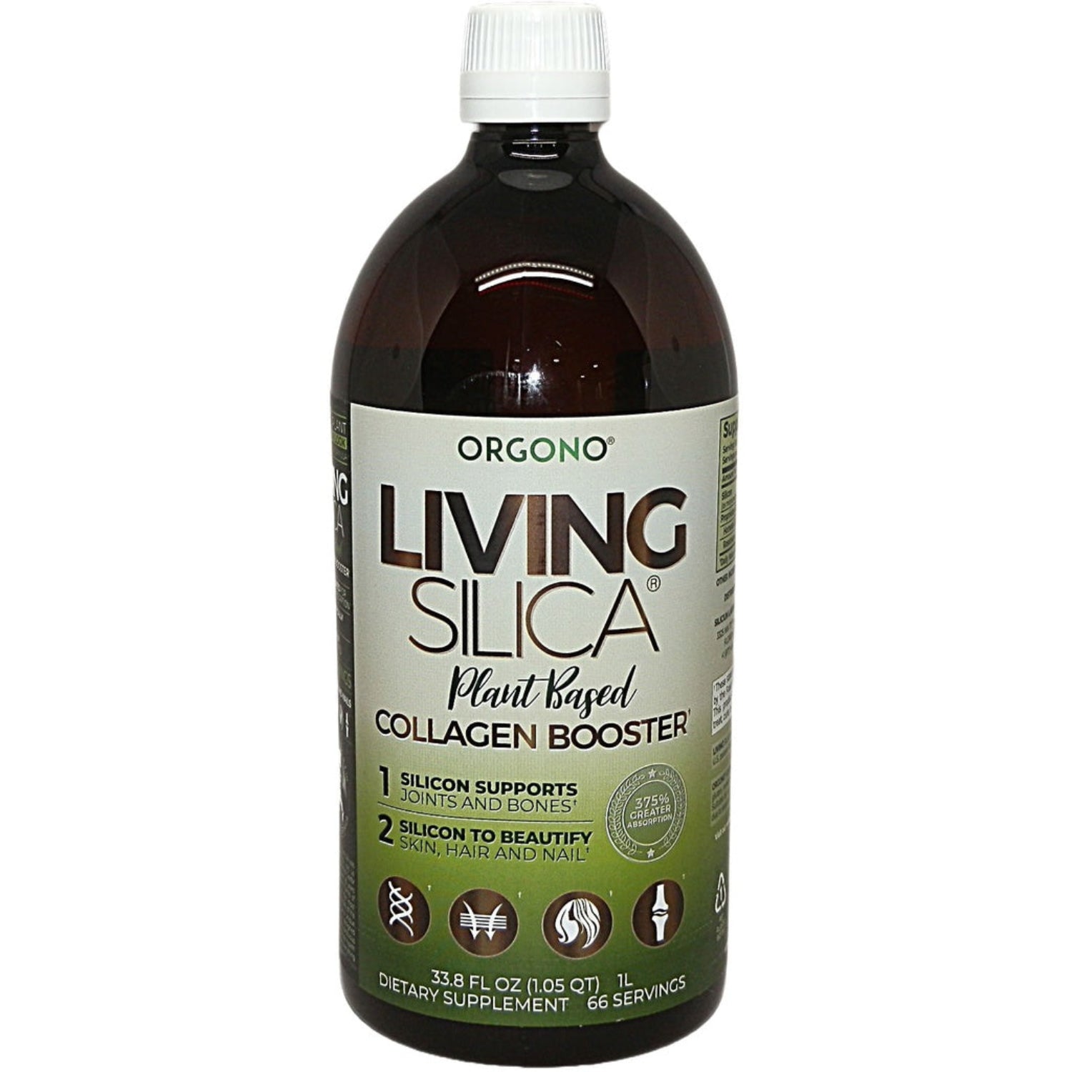 Bottle of Organo Living Silica plant-based Collagen Booster on a white background