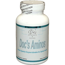 white supplement bottle labeled 'Doc's Aminos' on a white background