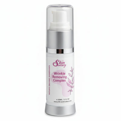 Skincare bottle labeled 'Wrinkle Removing Complex' on a white background