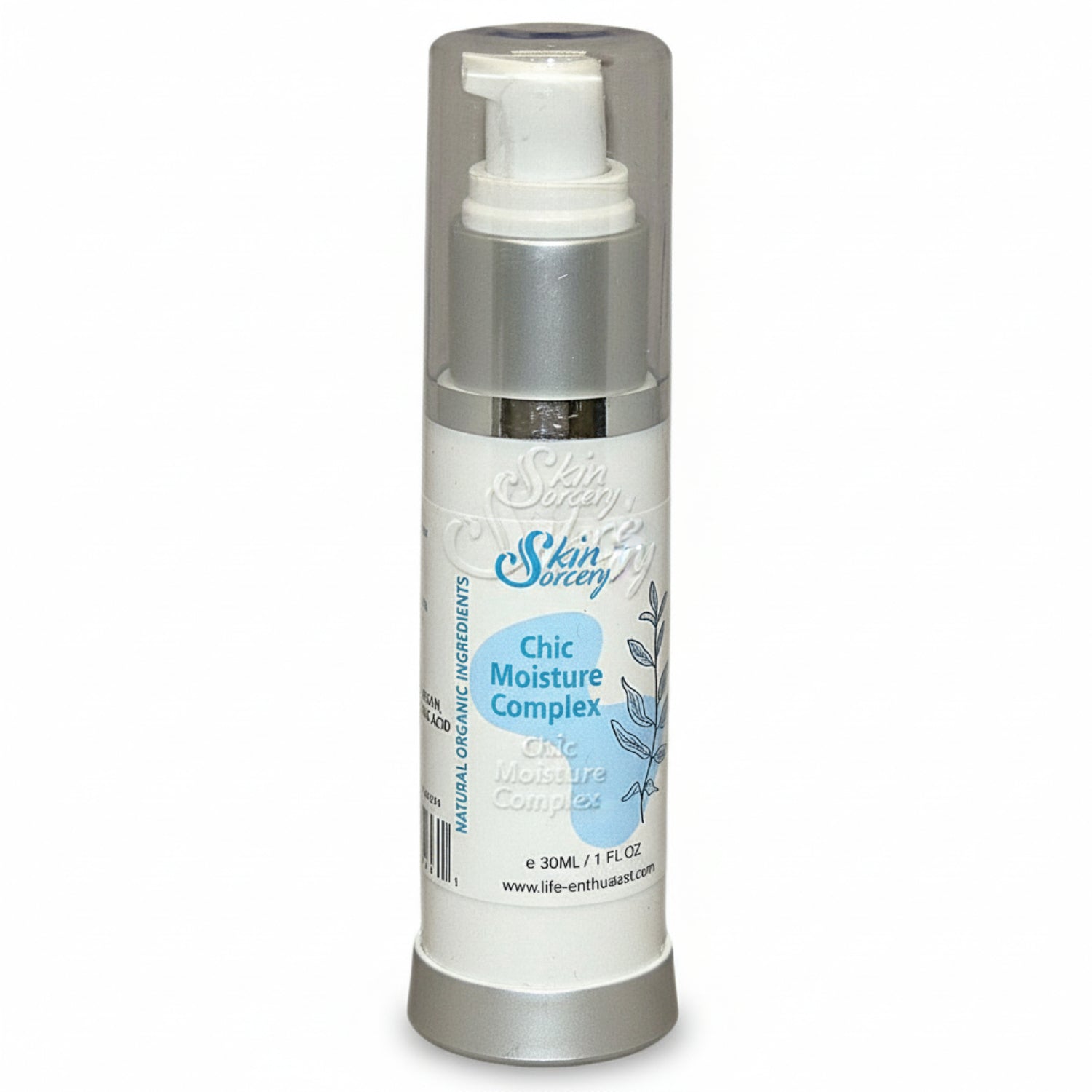 pump bottle of Skin Sorcery Chic Moisture Complex with blue and white label on a white background