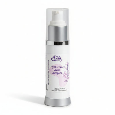 Skincare bottle labeled 'Skin Socery Hyaluronic Acid Complex' on a white background