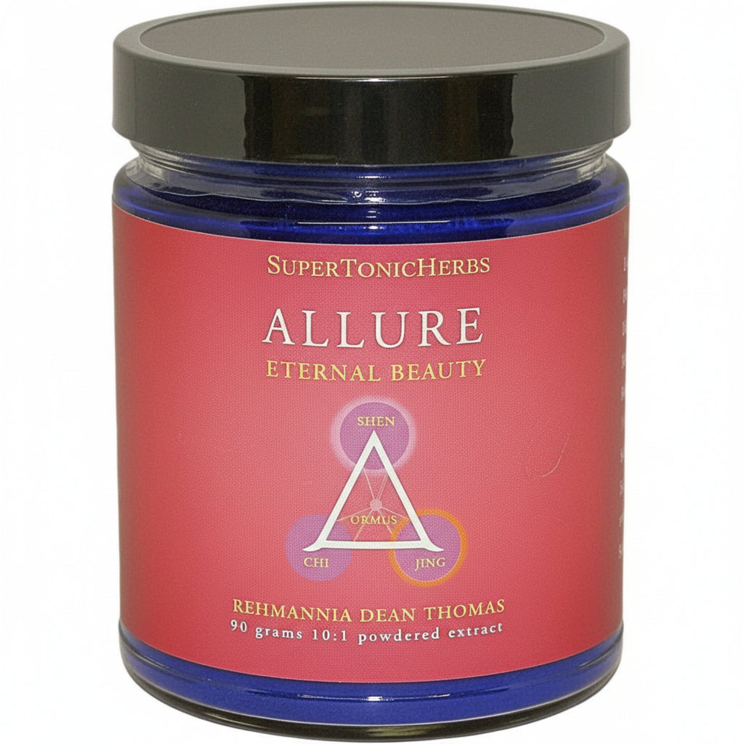 blue jar with black lid and red label, SuperTonicHerb Allure Eternal Beauty, triangle with ORMUS in the center and these words at corners: Shen, Chi and Jing. Rehmannia Dean Thomas, 90 grams, 10:1 powdered extract