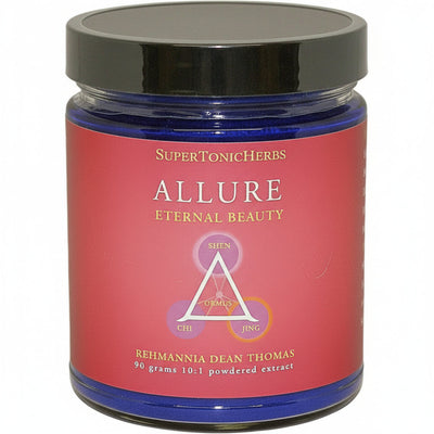 blue jar with black lid and red label, SuperTonicHerb Allure Eternal Beauty, triangle with ORMUS in the center and these words at corners: Shen, Chi and Jing. Rehmannia Dean Thomas, 90 grams, 10:1 powdered extract