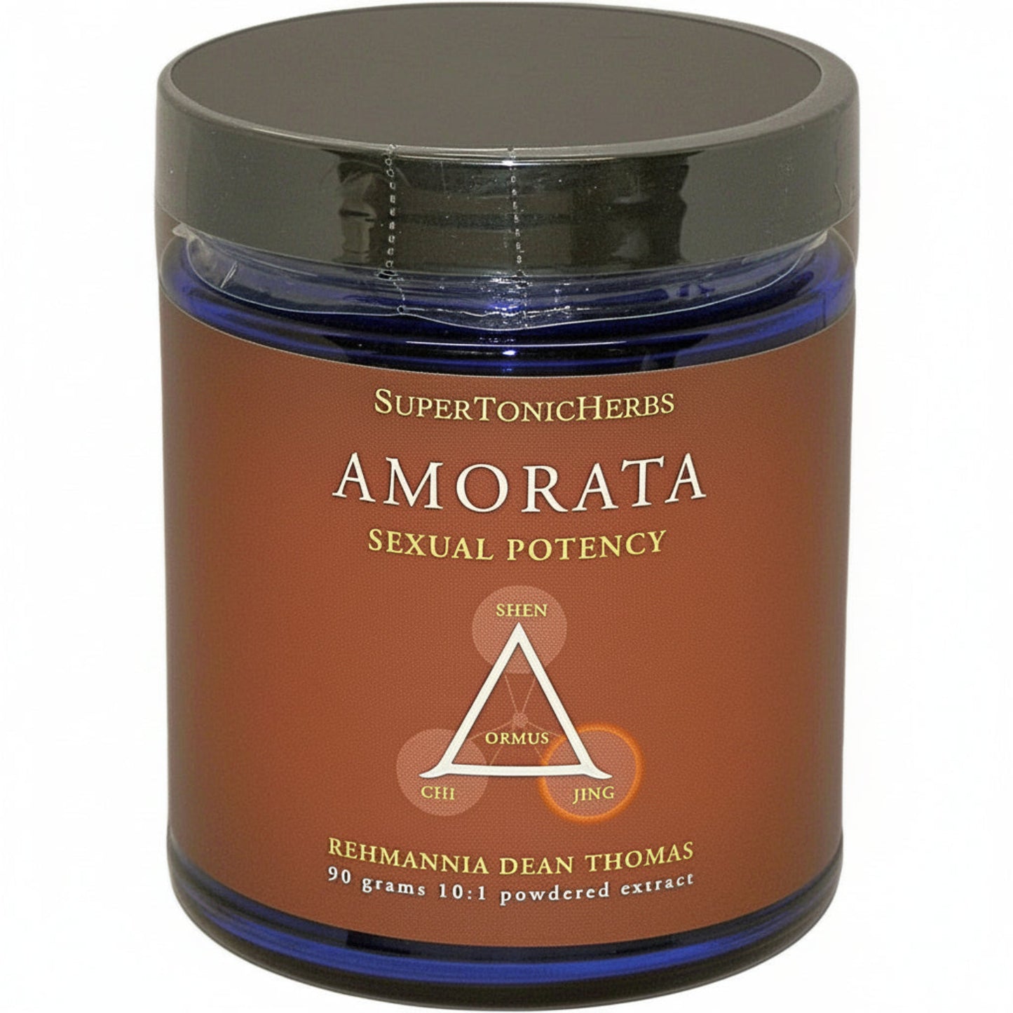 blue jar with black lid, brown label, SUPERTONICHERBS, AMORATA, SEXUAL POTENCEY, triangle with ORMUS inside and these words at corners: SHEN, CHI, JING. REHMANNIA DEAN THOMAS, 90 grams, 10:1 powdered extract