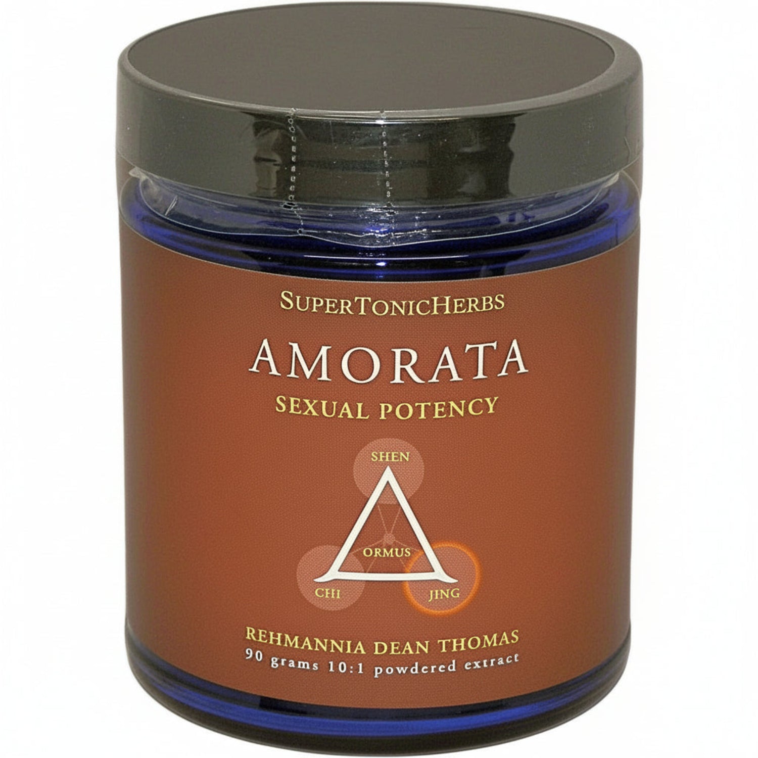 blue jar with black lid, brown label, SUPERTONICHERBS, AMORATA, SEXUAL POTENCEY, triangle with ORMUS inside and these words at corners: SHEN, CHI, JING. REHMANNIA DEAN THOMAS, 90 grams, 10:1 powdered extract